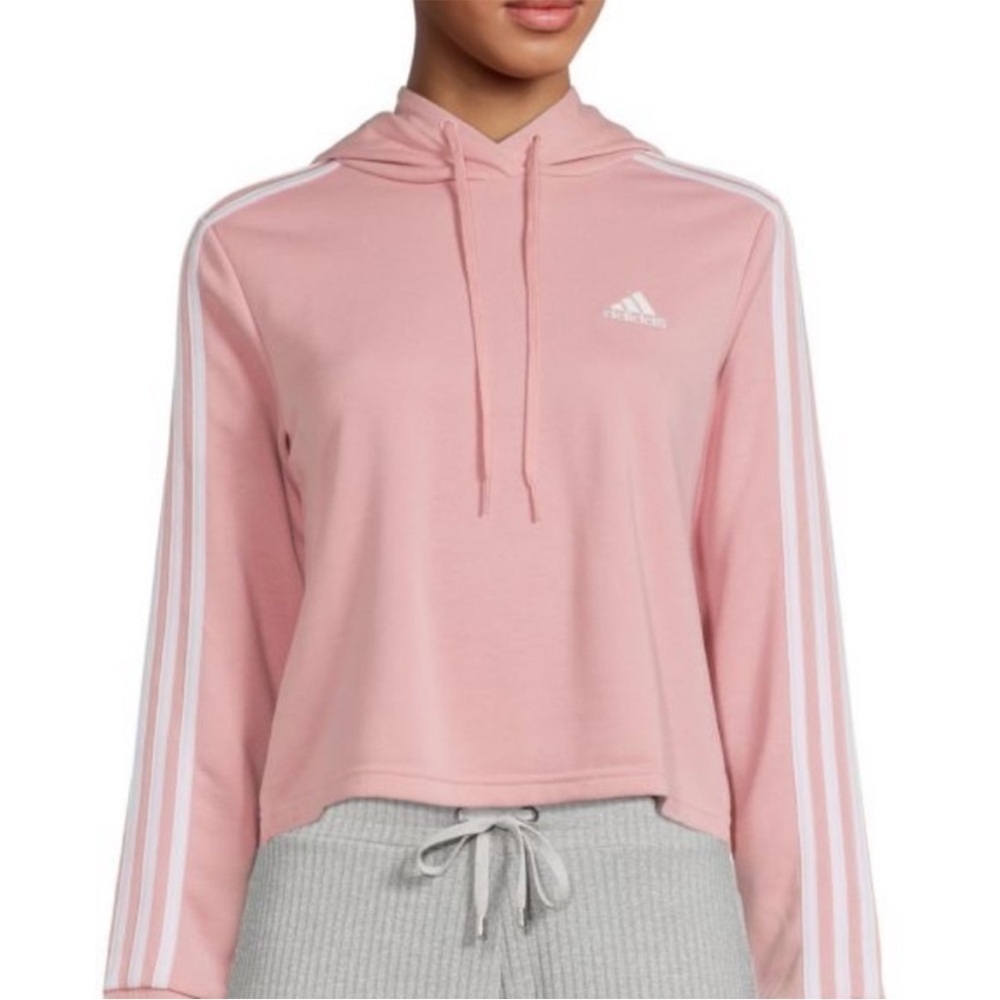 Adidas Essentials 3 Stripe Cropped Hoodie Pink Pullover Womens Size Medium